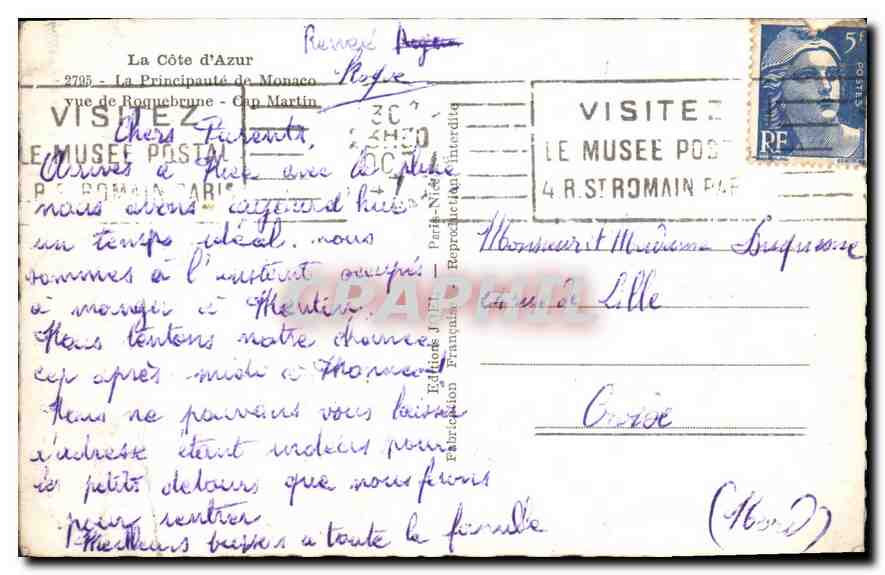 CPA La Cote d'Azur La Principaute de Monaco vue de Roquebrune Cap Martin  — Verso