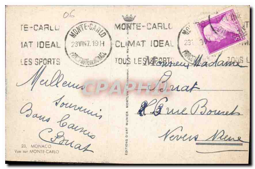 CPA Monaco vue sur Monte Carlo  — Verso
