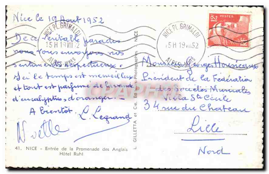CPA Nice Entree de la Promenade des Anglais Hotel Ruhl  — Rückseite