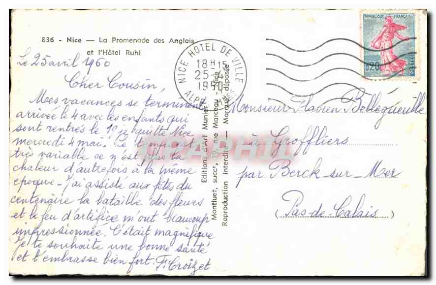 CPA Nice La Promenade des Anglais et l'Hotel Ruhl  — Verso