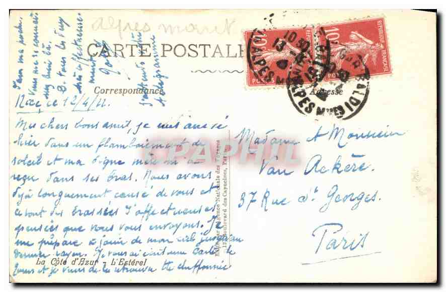 La Côte d'Azur — L'Estérel — Carte postale de la Compagnie Nationale des Capucines — Verso
