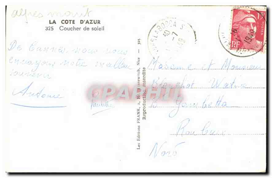 CPA La Cote d'Azur Coucher de Soleil  — Verso