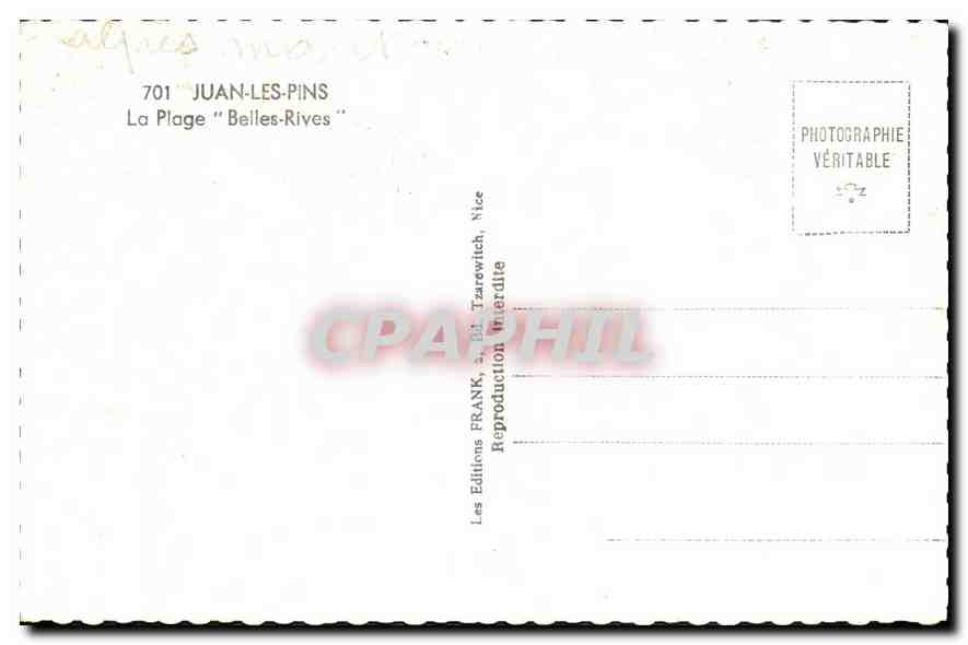 CPA Juan Les Pins La Plage Belles Rives  — Rückseite