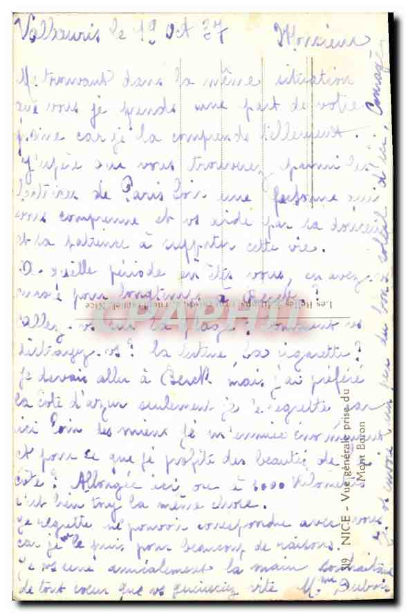 CPA Nice vue generale prise du Mont Boron  — Verso
