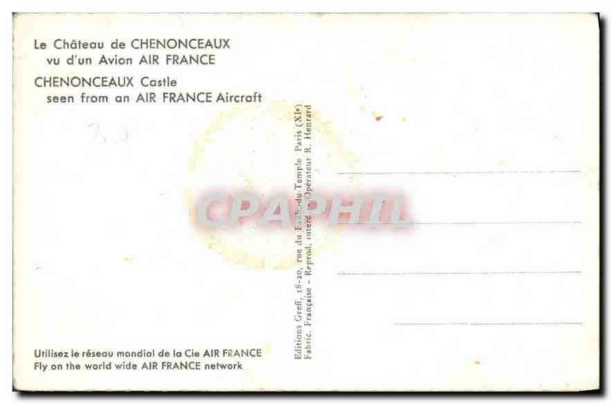 CPA Chateau de Chenonceaux vu d'un Avion Air France  — Rückseite