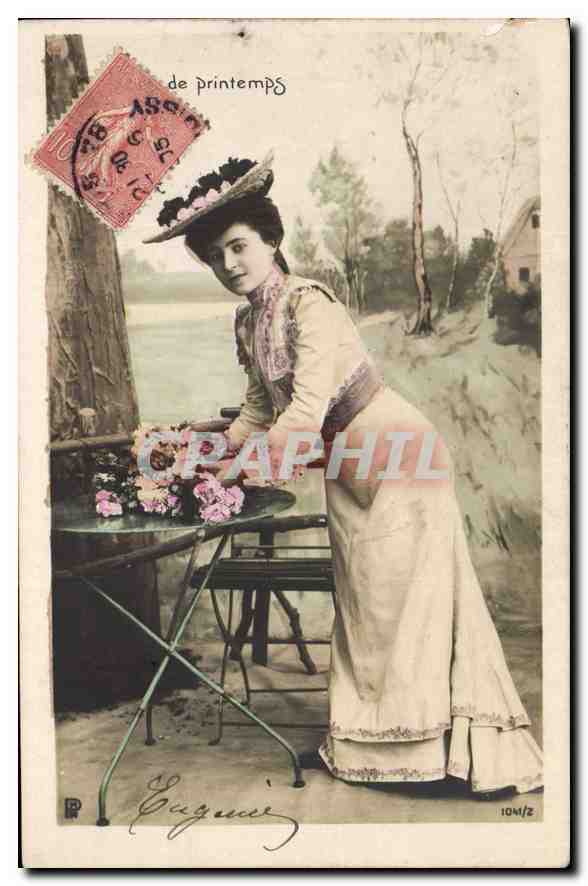 Femme en robe de printemps — scène de jardin — éditeur Eugène, n° 104/Z