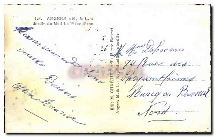 CPA Angers M et L Jardin du Mail La Piece d'eau  — Rückseite