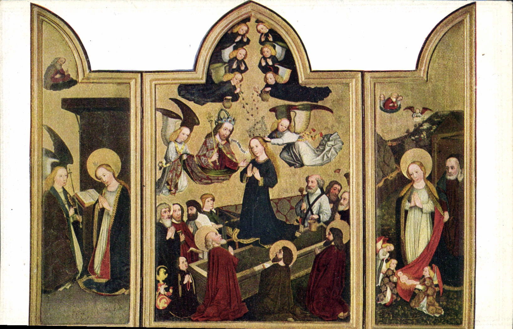 CPA Meister des Wolfgangaltares Mitte XV Jahrh Flugelaltar Mittelbild Himmelfahrt Und Kronung Mariae