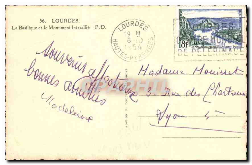 CPA Lourdes la Basilique et le Monument Interallie  — Verso