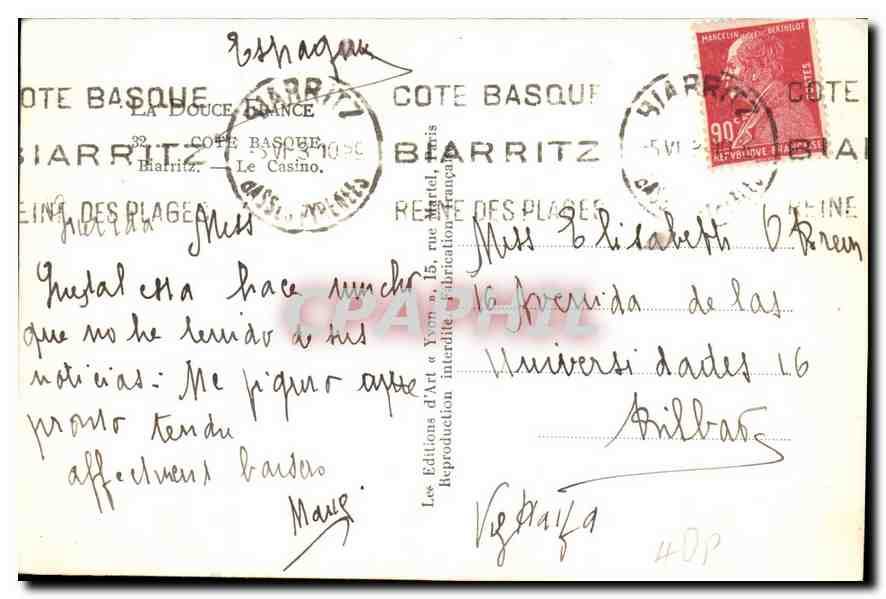 CPA Cote Basque Biarritz le Casino  — Rückseite