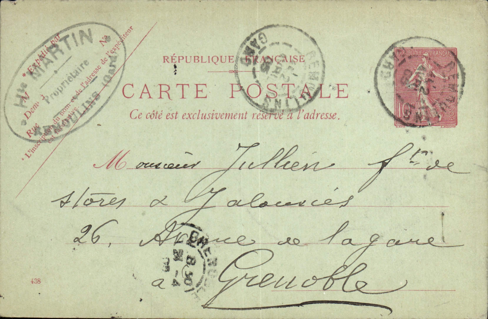 Entier Postal Semeuse 10c lignee Jullien Frere *grejible 1903