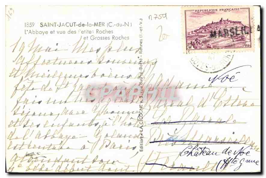 Saint-Jacut-de-la-Mer — Abbaye et vue des Petites et Grosses Roches — Édition La Cigogne, n° 759 — Verso