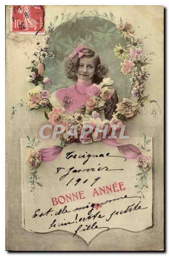 Jeune fille en robe rose — carte de vœux 1919 — éditeur inconnu