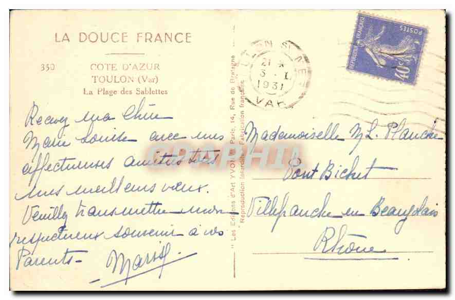 La Plage des Sablettes — Côte d'Azur (Var) — Éditions d'Art Yvon, n°350 — Reverso
