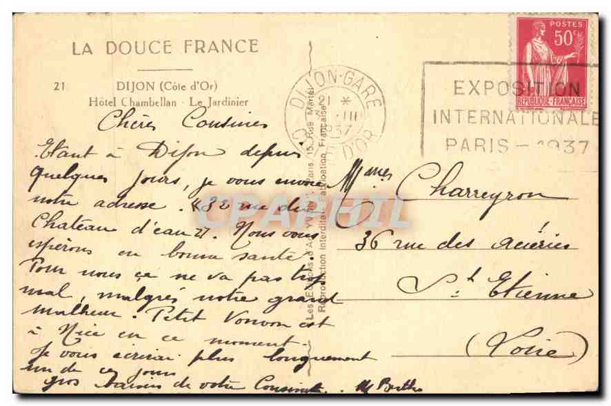 CPA Dijon Cote d'Or Hotel Chambellan le Jardinier  — Rückseite