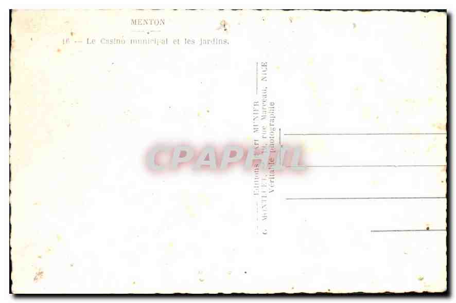CPA Menton le Casino Municipal et les Jardins  — Rückseite