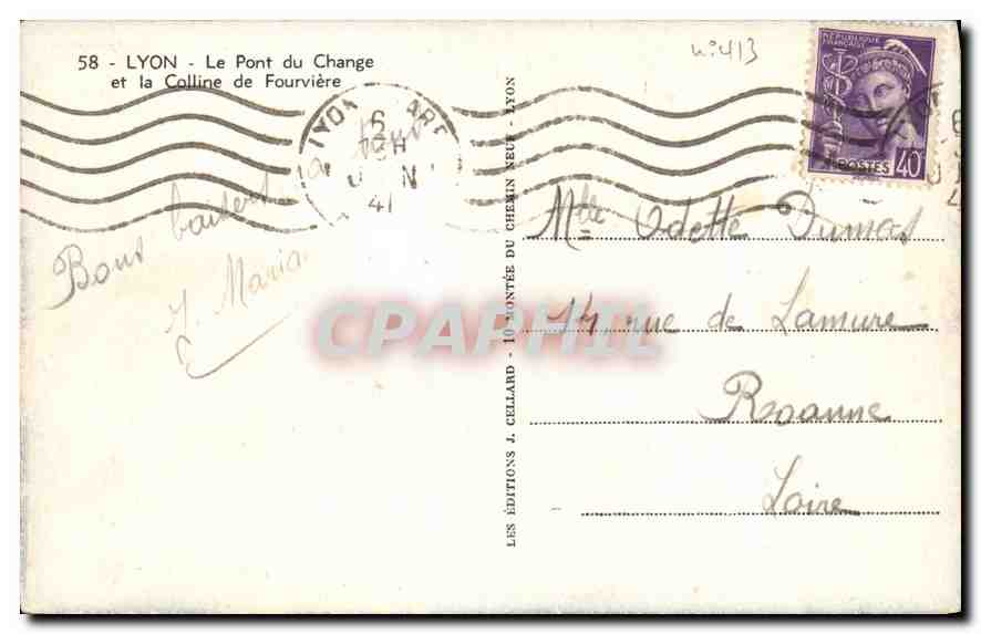 Lyon - Le Pont du Change et la Colline de Fourvière — Éditions J. Cellard, n°58 — Verso
