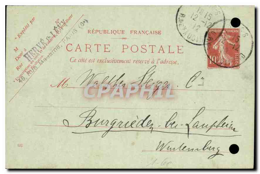 Entier Postal Semeuse 10c 192 Steiger Burgried Wurtemberg