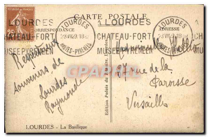 CPA Lourdes la Basilique  — Verso