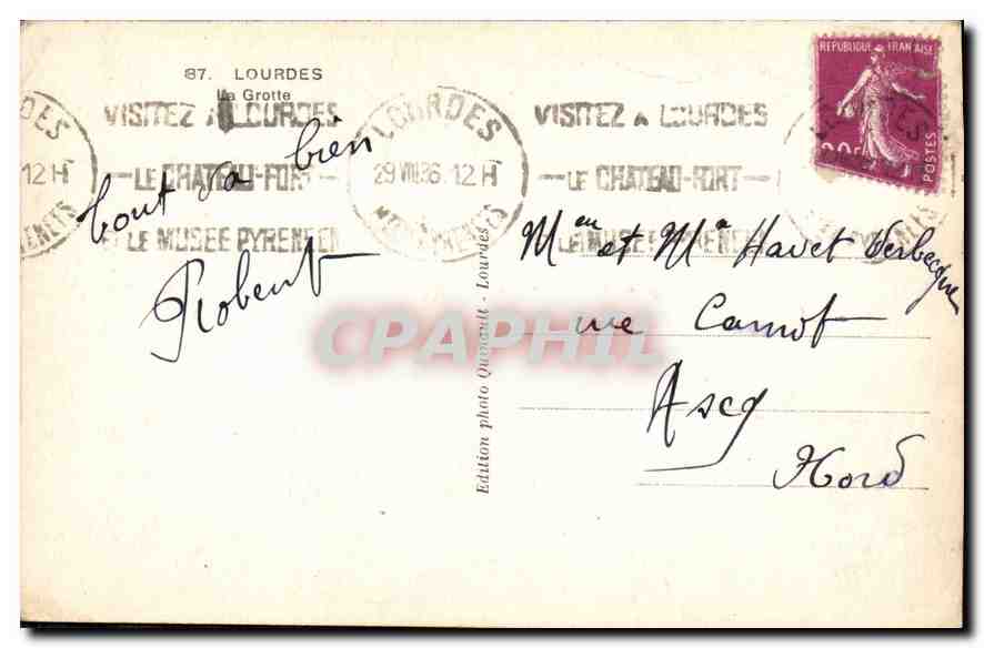CPA Lourdes la Grotte  — Verso