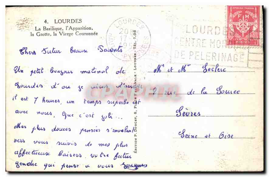 CPA Lourdes la Basilique l'Apparition la Grotte la Vierge Couronnee  — Verso