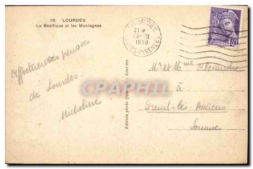 CPA Lourdes la Basilique et les Montagnes  — Verso