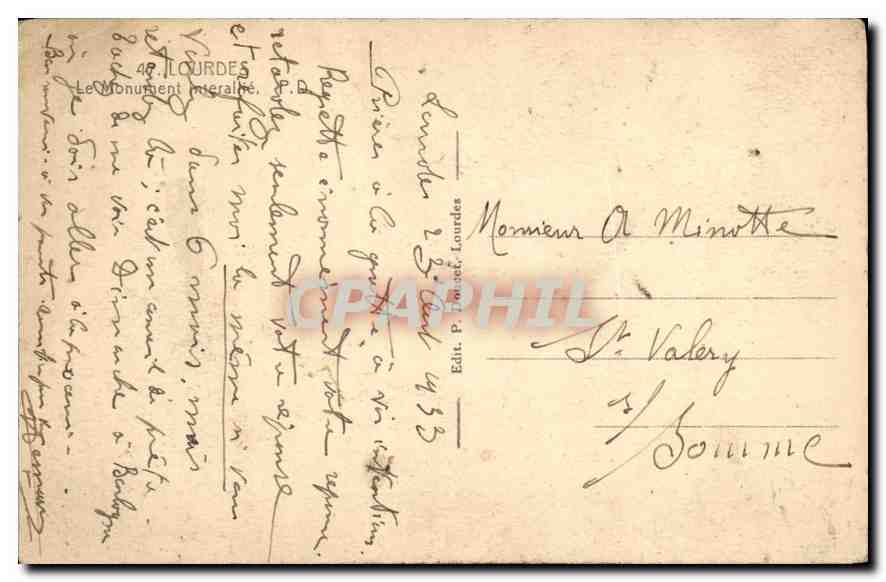 CPA Lourdes le Monument Interallie  — Verso