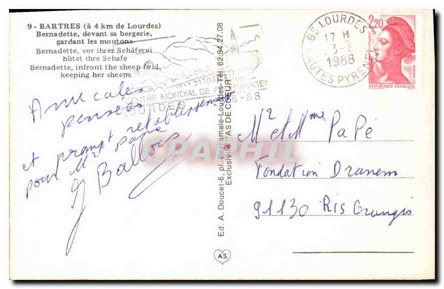 CPA Bartres a 4km de Lourdes Bernadette devant sa bergerie gardant les moutons  — Verso