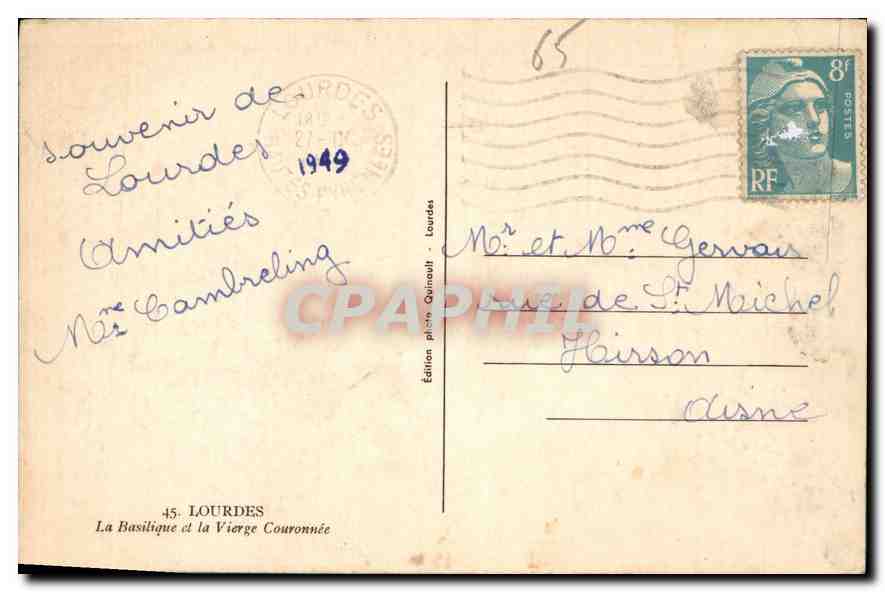 CPA Lourdes la Basilique et la Vierge Couronnee  — Verso