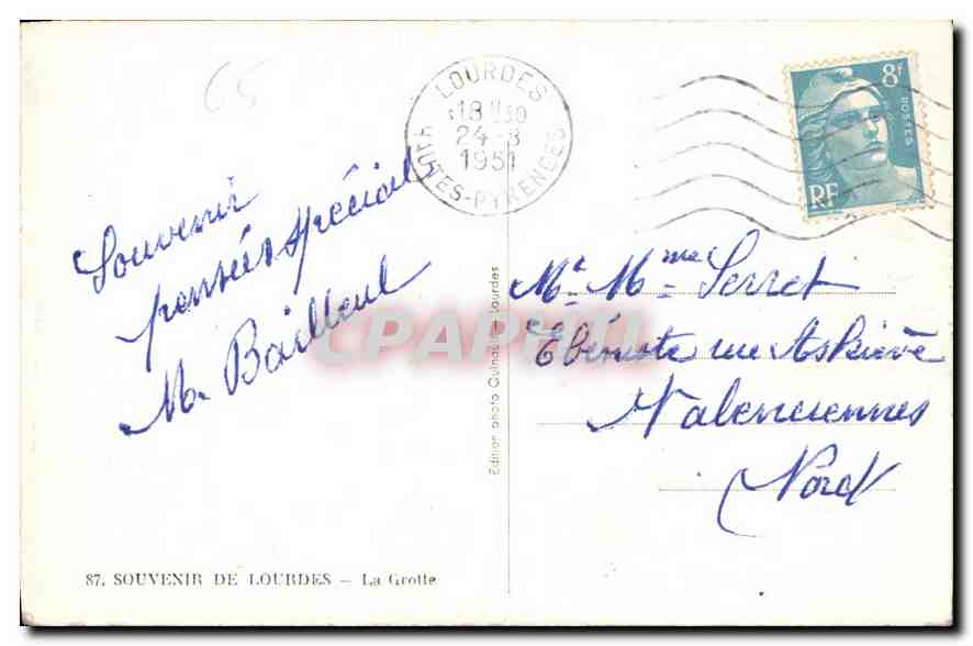 CPA Souvenir de Lourdes la Grotte  — Verso