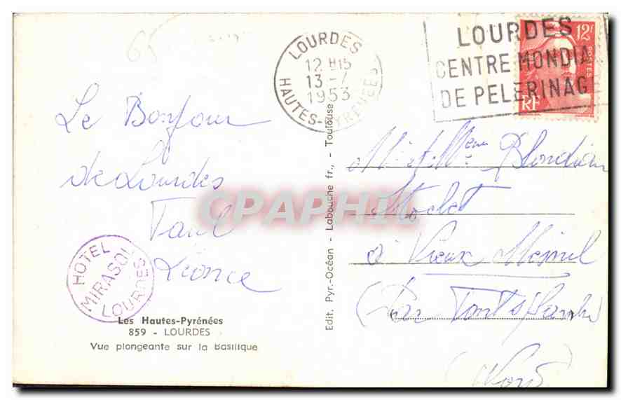 CPA Les Hautes Pyrenees Lourdes vue Piongeante sur la Basilique  — Verso