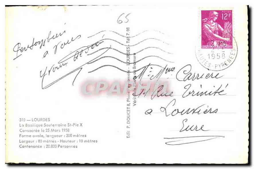 CPA Lourdes la Basilique Souterraine St Pie X Consacree le 25 Mars 1958  — Verso