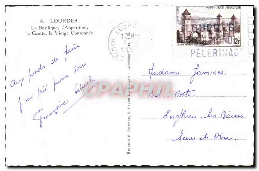 CPA Lourdes la Basilique l'Apparition la Grotte la Vierge Couronnee  — Verso