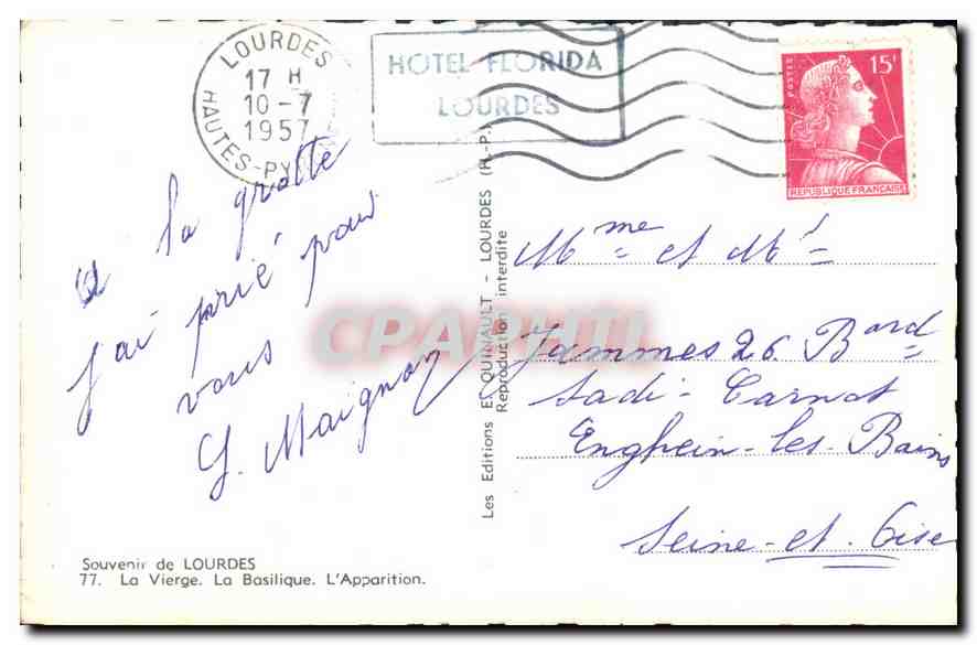 CPA Souvenir de Lourdes La Vierge la Basilique l'Apparition  — Verso