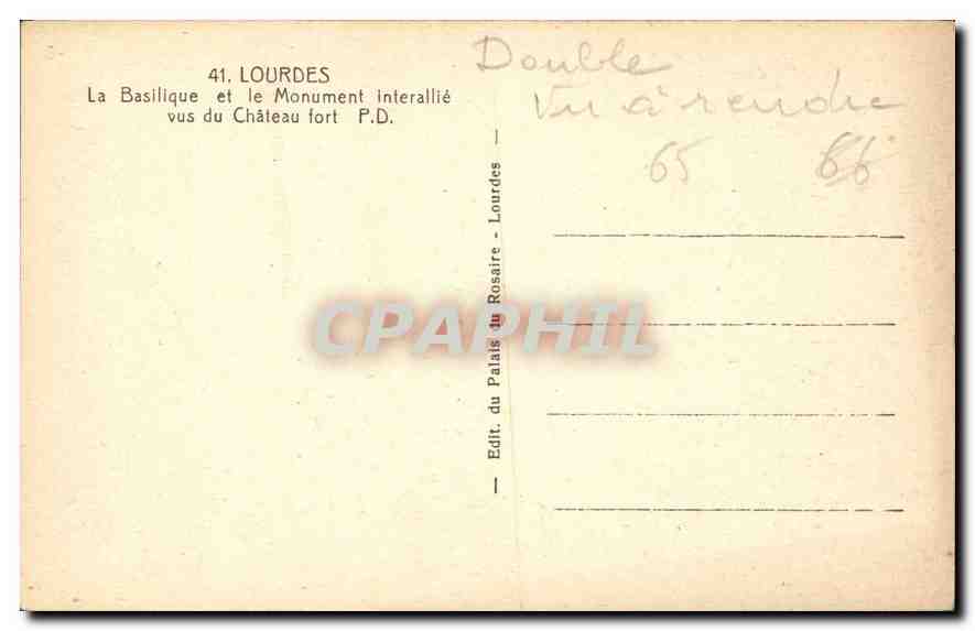 CPA Lourdes La Basilique et le Monument interallie vus du Chateau Fort  — Verso