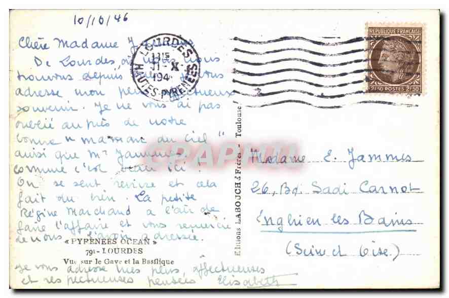CPA Pyrenees Ocean Lourdes Vue sur le Gave et la Basilique  — Verso