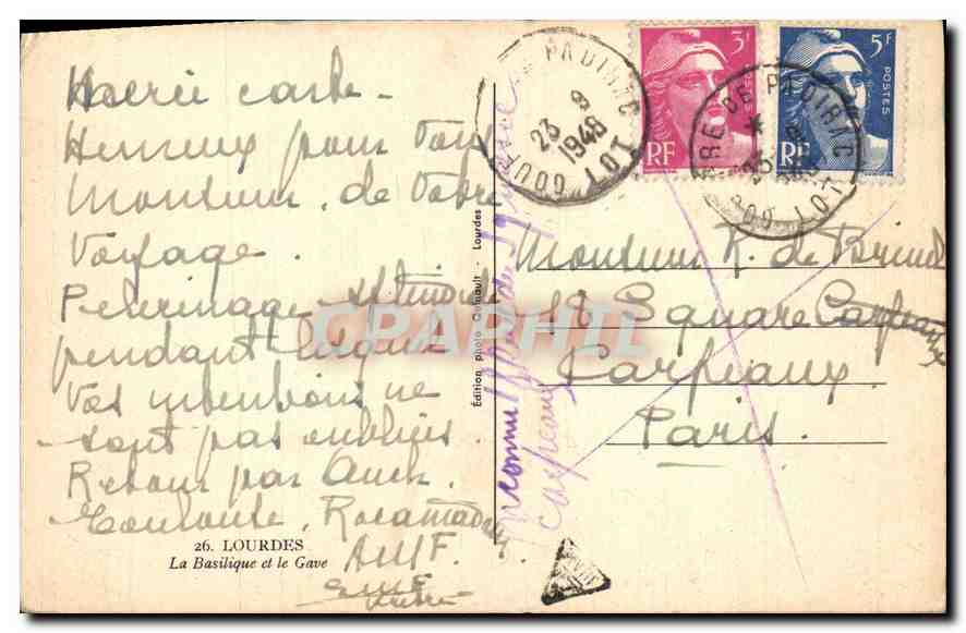 CPA Lourdes La Basilique et le Gave  — Verso