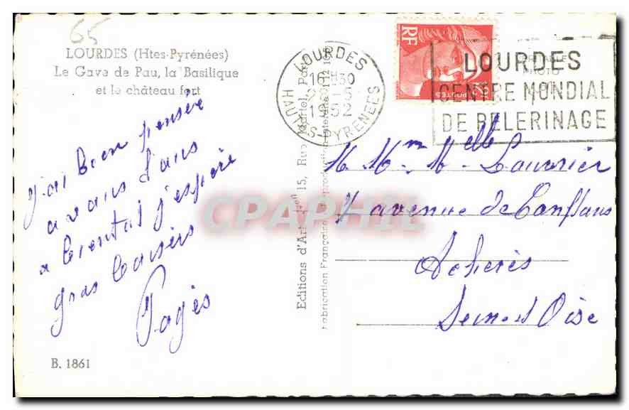 CPA Lourdes Htes Pyrenees le Gave de Pau la Basilique et la chateau Fort  — Verso