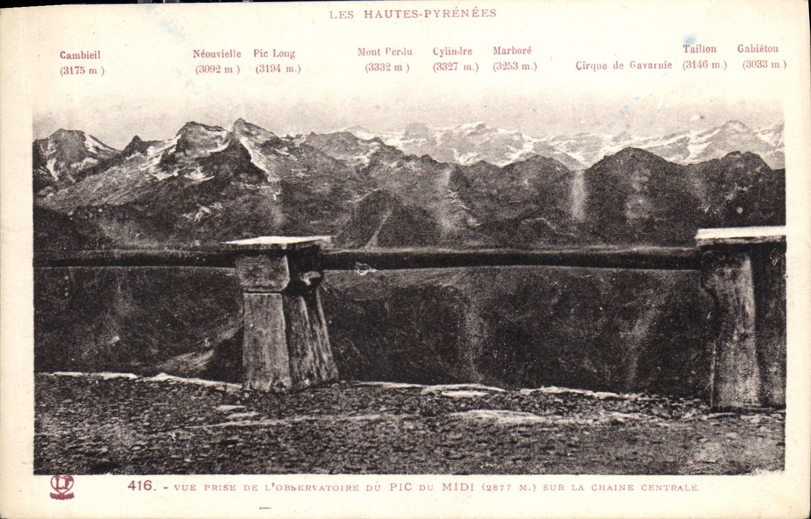 Vue prise de l'observatoire du Pic du Midi sur la chaîne centrale — Les Hautes-Pyrénées — Phototypie Labouret Frères, Toulouse, n° 416