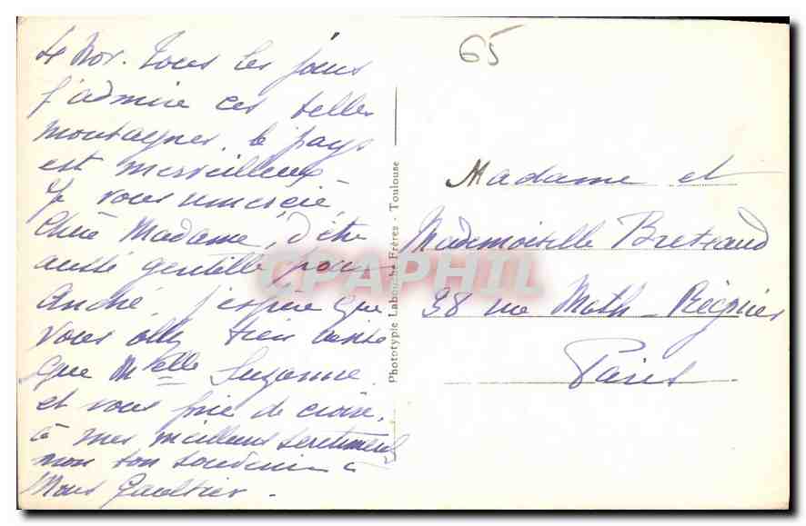 Vue prise de l'observatoire du Pic du Midi sur la chaîne centrale — Les Hautes-Pyrénées — Phototypie Labouret Frères, Toulouse, n° 416 — Rückseite