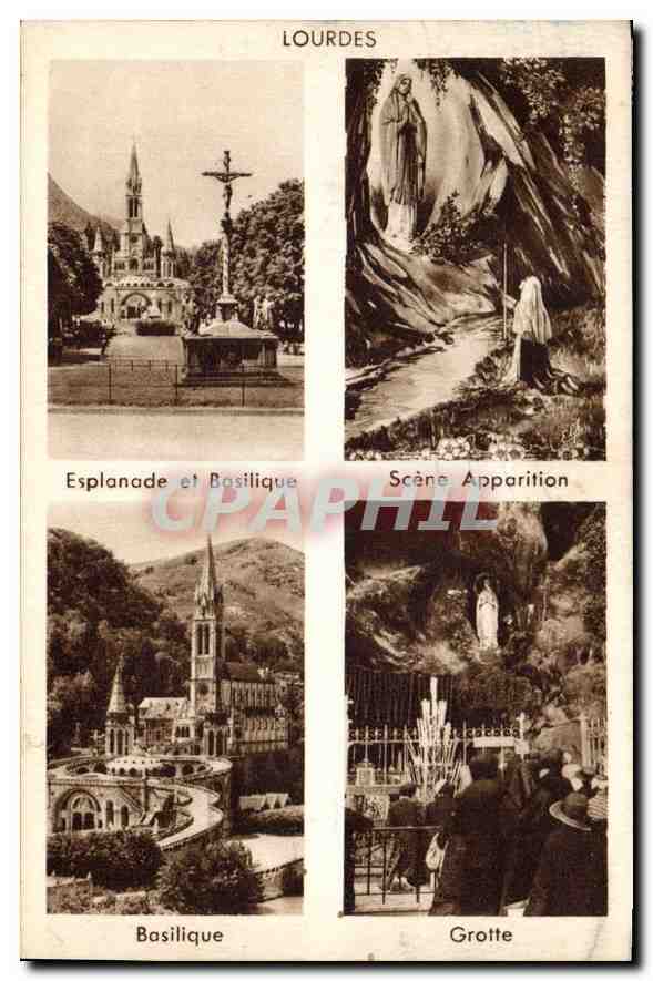 CPA Lourdes Esplanade et Basilique Scene Apparition Basilique Grotte 