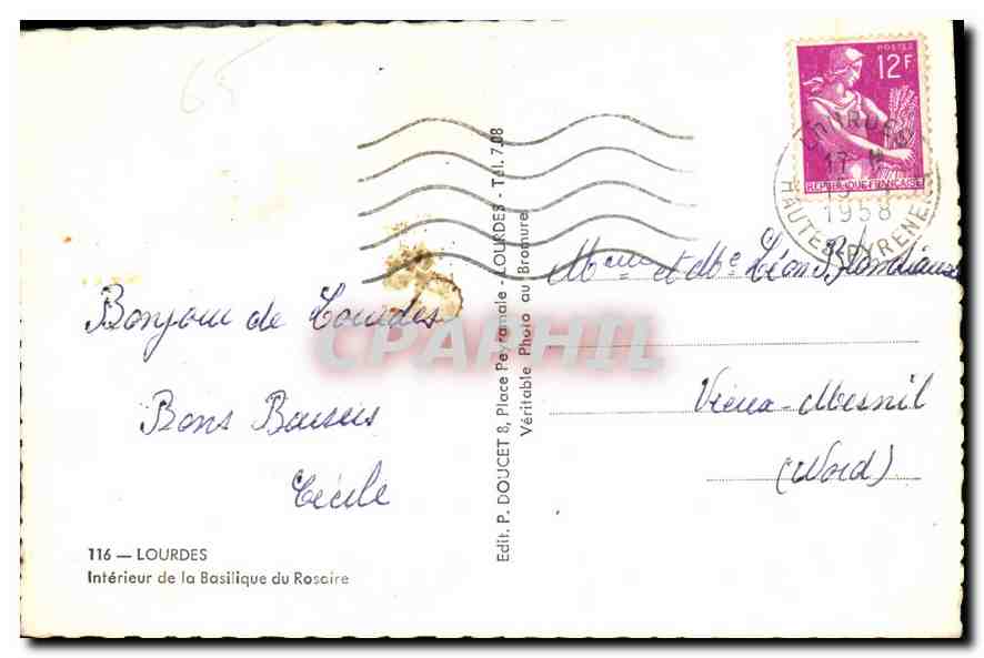 CPA Lourdes Interieur de la Basilique du Rosaire  — Verso
