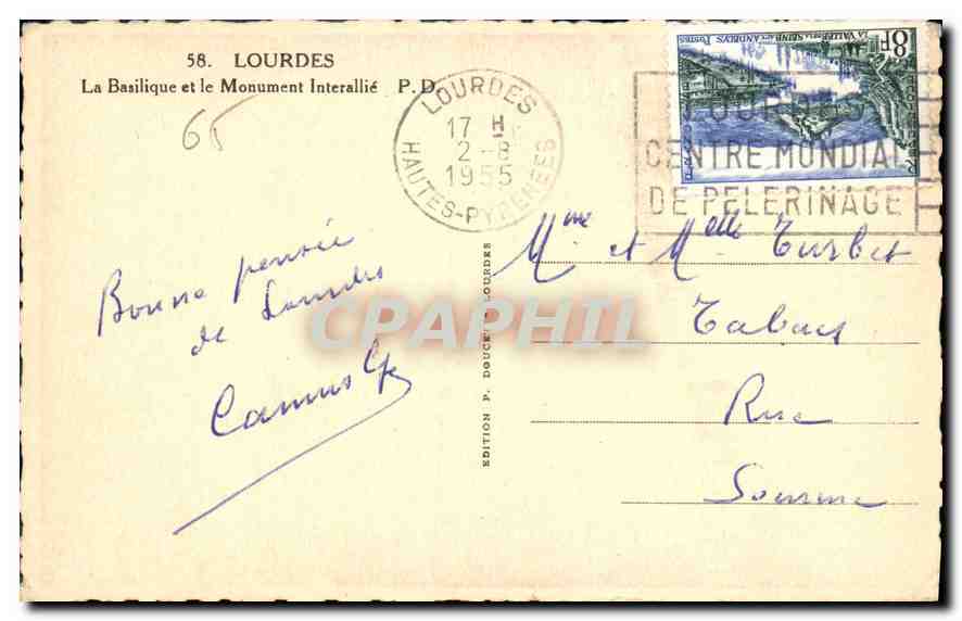 CPA Lourdes La Basilique et le Monument Interallie  — Verso