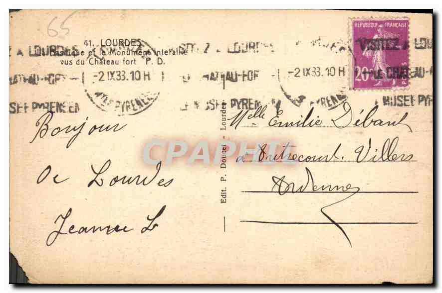 CPA Lourdes la Basilique et le Monument interallie vus du Chateau Fort  — Verso