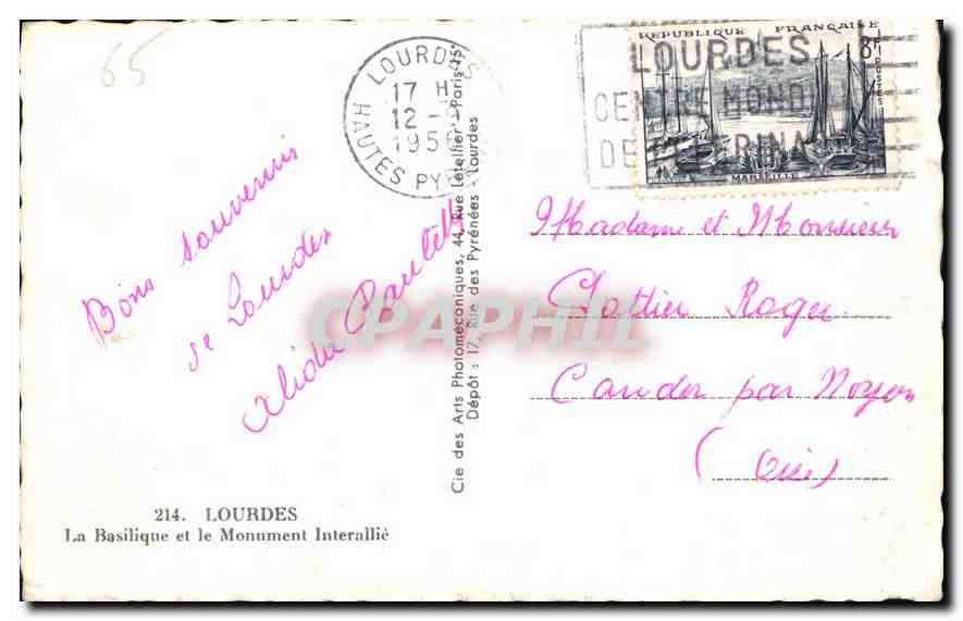 CPA Lourdes La Basilique et le Monument Interallie  — Verso