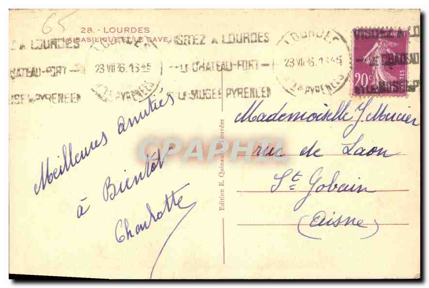 CPA Lourdes La Basilique et le Gave  — Verso