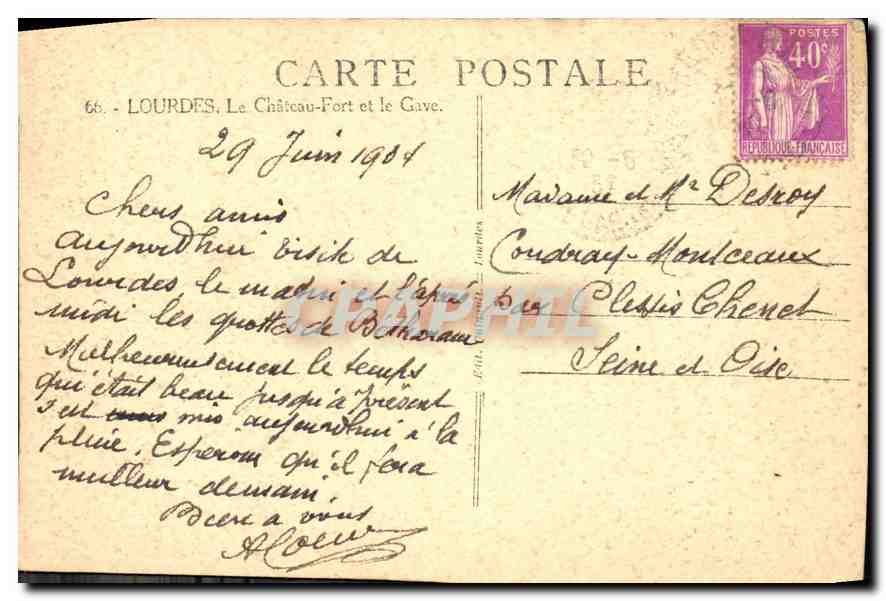 CPA Lourdes Le Chateau Fort et le Gave  — Verso