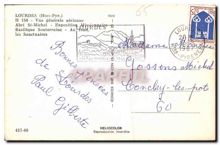CPA Lourdes Htes Pyr Vue generale aerienne Abri St Michel exposition missionnaire Basilique Souterra — Verso