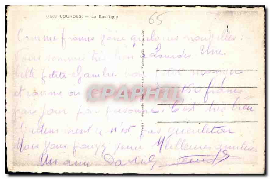 Lourdes — La Basilique — éditeur Rella, n° 3303 — Verso