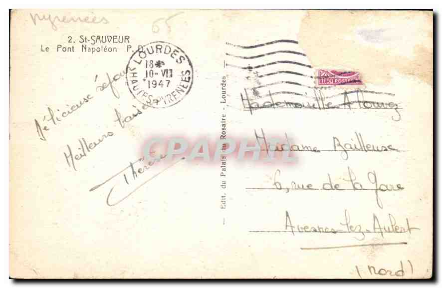 Le Pont Napoléon — Saint-Sauveur — Édit. du Palais du Rosaire, Lourdes — Verso